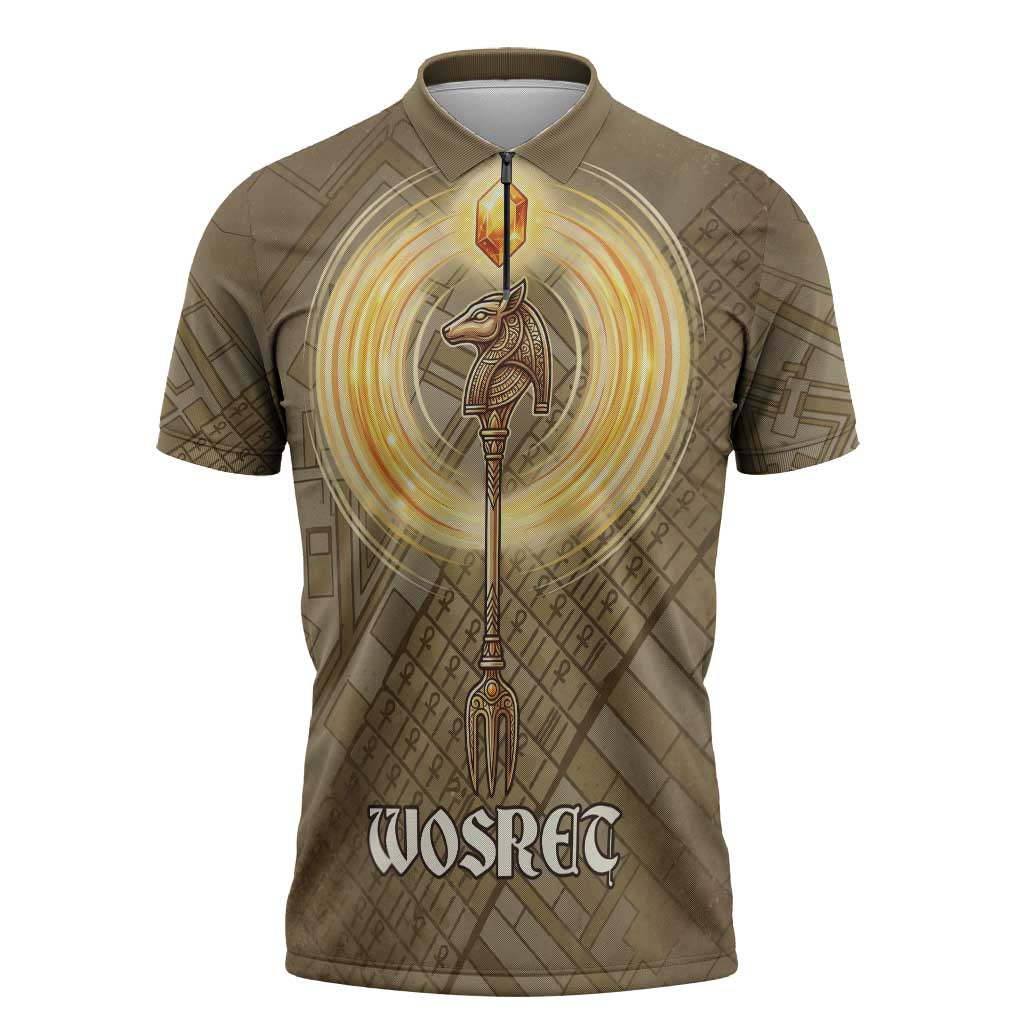 Wosret Egyptian Zipper Polo Shirt with Golden Scepter and Archer Motif in Ancient Protector
