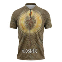 Wosret Egyptian Zipper Polo Shirt with Golden Scepter and Archer Motif in Ancient Protector