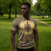 Wosret Egyptian Zipper Polo Shirt with Golden Scepter and Archer Motif in Ancient Protector