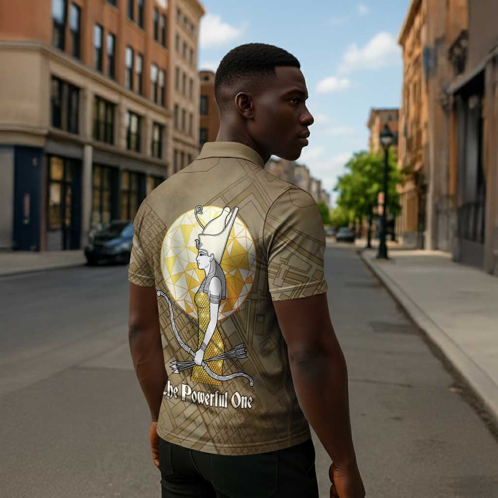 Wosret Egyptian Zipper Polo Shirt with Golden Scepter and Archer Motif in Ancient Protector