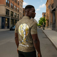 Wosret Egyptian Zipper Polo Shirt with Golden Scepter and Archer Motif in Ancient Protector