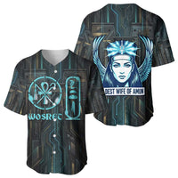 Wosret Winged Crown Baseball Jersey Egyptian Cyber Circuit Design in Futuristic Blue Theme