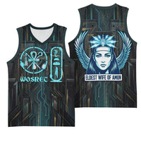 Wosret Winged Crown Basketball Jersey Egyptian Cyber Circuit Design in Futuristic Blue Theme