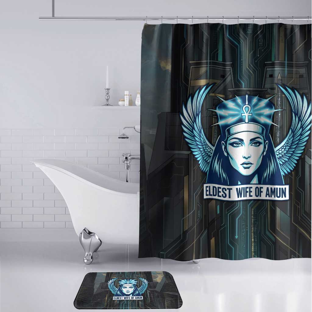 Wosret Winged Crown Bathroom Set Egyptian Cyber Circuit Design in Futuristic Blue Theme