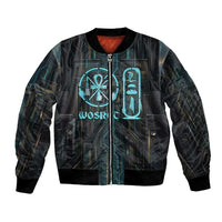 Wosret Winged Crown Bomber Jacket Egyptian Cyber Circuit Design in Futuristic Blue Theme