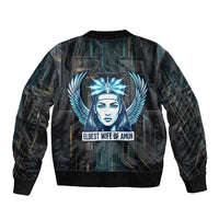 Wosret Winged Crown Bomber Jacket Egyptian Cyber Circuit Design in Futuristic Blue Theme