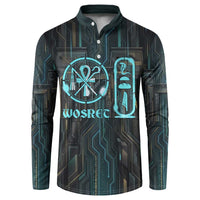 Wosret Winged Crown Button Sweatshirt Egyptian Cyber Circuit Design in Futuristic Blue Theme