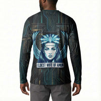 Wosret Winged Crown Button Sweatshirt Egyptian Cyber Circuit Design in Futuristic Blue Theme