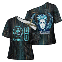 Wosret Winged Crown Cross Shoulder Shirt Egyptian Cyber Circuit Design in Futuristic Blue Theme