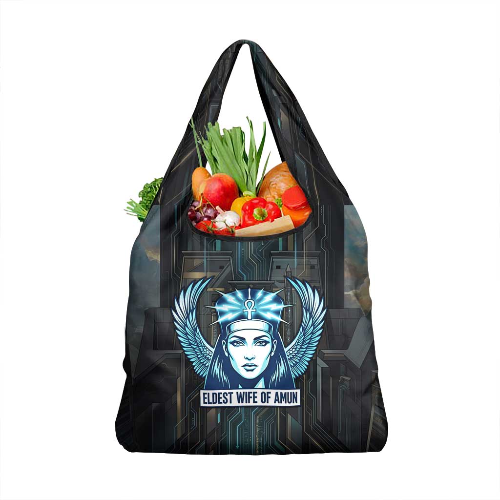 Wosret Winged Crown Grocery Bag Egyptian Cyber Circuit Design in Futuristic Blue Theme