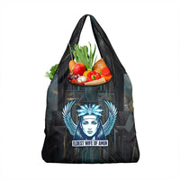 Wosret Winged Crown Grocery Bag Egyptian Cyber Circuit Design in Futuristic Blue Theme