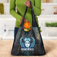 Wosret Winged Crown Grocery Bag Egyptian Cyber Circuit Design in Futuristic Blue Theme
