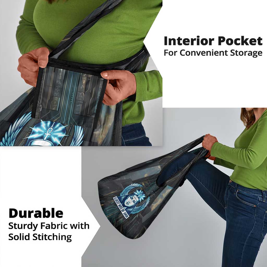 Wosret Winged Crown Grocery Bag Egyptian Cyber Circuit Design in Futuristic Blue Theme