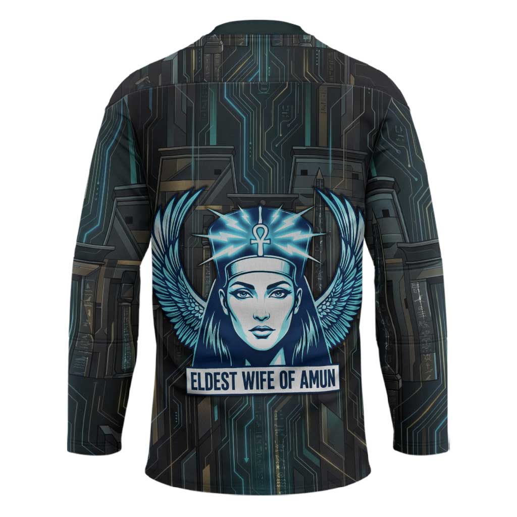 Wosret Winged Crown Hockey Jersey Egyptian Cyber Circuit Design in Futuristic Blue Theme