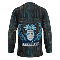 Wosret Winged Crown Hockey Jersey Egyptian Cyber Circuit Design in Futuristic Blue Theme