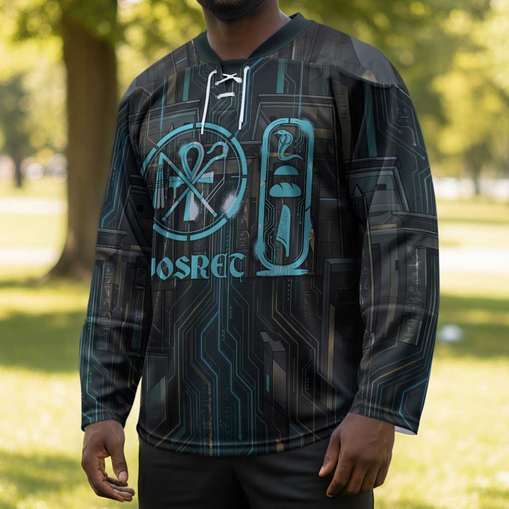 Wosret Winged Crown Hockey Jersey Egyptian Cyber Circuit Design in Futuristic Blue Theme