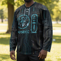 Wosret Winged Crown Hockey Jersey Egyptian Cyber Circuit Design in Futuristic Blue Theme