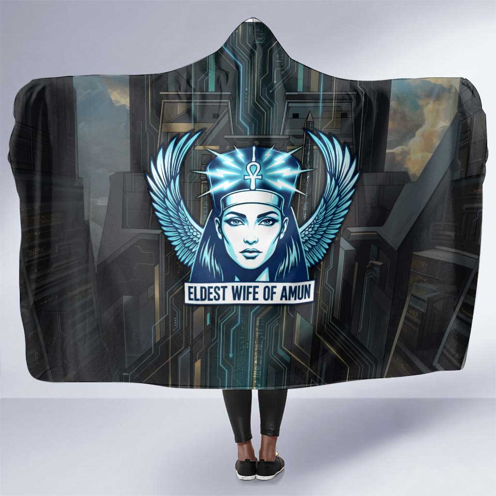Wosret Winged Crown Hooded Blanket Egyptian Cyber Circuit Design in Futuristic Blue Theme