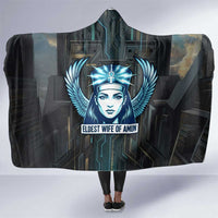 Wosret Winged Crown Hooded Blanket Egyptian Cyber Circuit Design in Futuristic Blue Theme