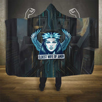 Wosret Winged Crown Hooded Blanket Egyptian Cyber Circuit Design in Futuristic Blue Theme
