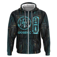 Wosret Winged Crown Hoodie Egyptian Cyber Circuit Design in Futuristic Blue Theme
