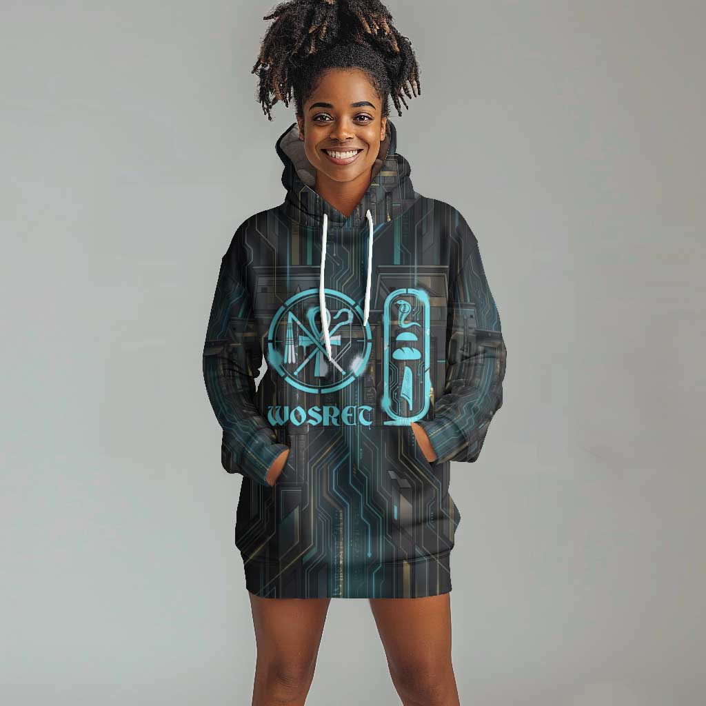 Wosret Winged Crown Hoodie Dress Egyptian Cyber Circuit Design in Futuristic Blue Theme
