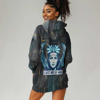 Wosret Winged Crown Hoodie Dress Egyptian Cyber Circuit Design in Futuristic Blue Theme