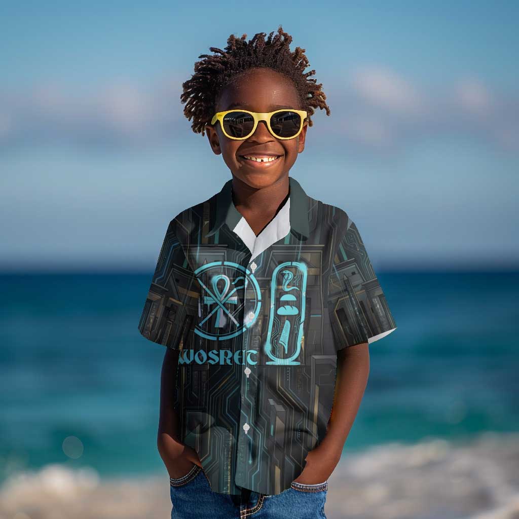 Wosret Winged Crown Kid Hawaiian Shirt Egyptian Cyber Circuit Design in Futuristic Blue Theme
