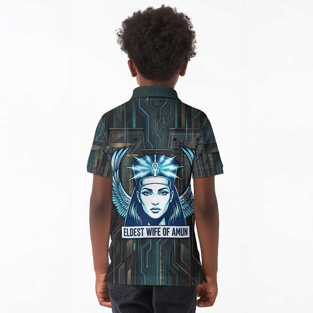 Wosret Winged Crown Kid Polo Shirt Egyptian Cyber Circuit Design in Futuristic Blue Theme