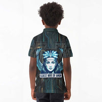 Wosret Winged Crown Kid Polo Shirt Egyptian Cyber Circuit Design in Futuristic Blue Theme