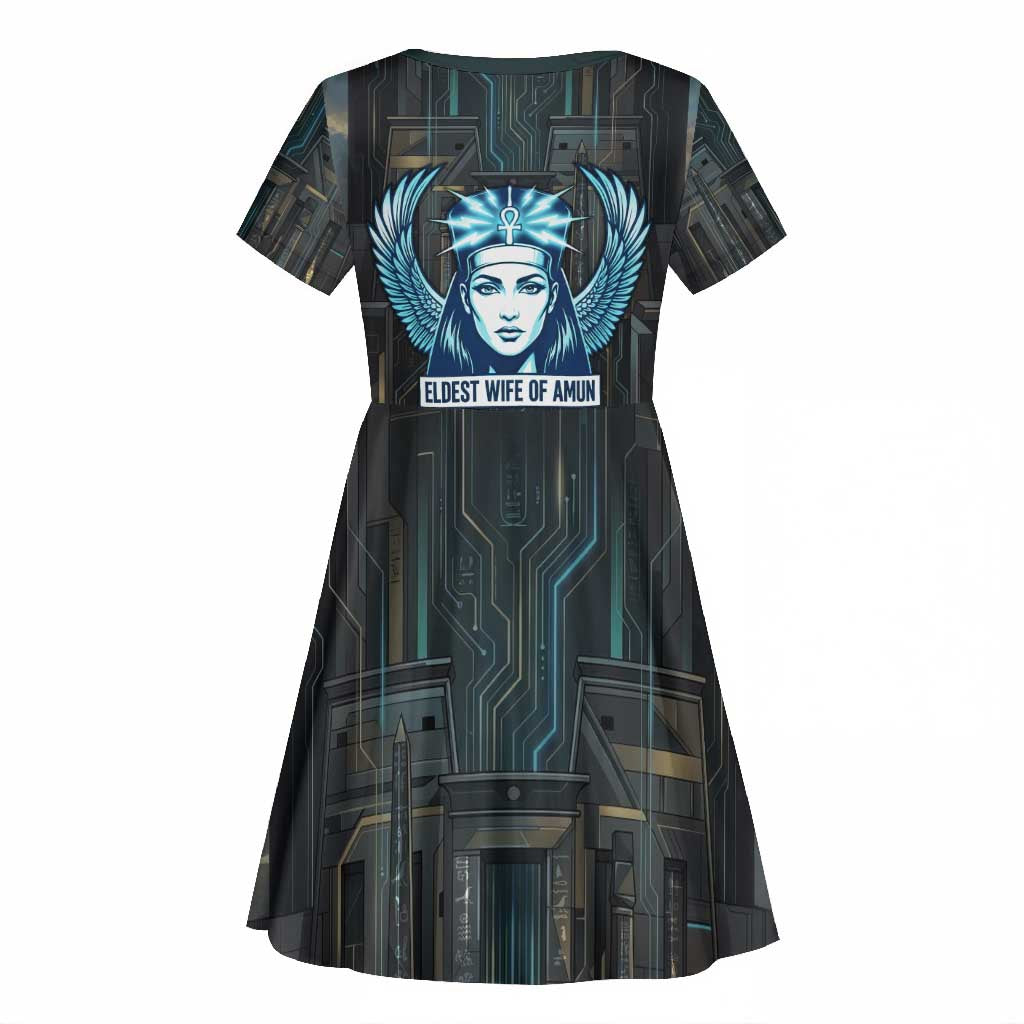 Wosret Winged Crown Kid Short Sleeve Dress Egyptian Cyber Circuit Design in Futuristic Blue Theme