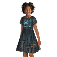 Wosret Winged Crown Kid Short Sleeve Dress Egyptian Cyber Circuit Design in Futuristic Blue Theme