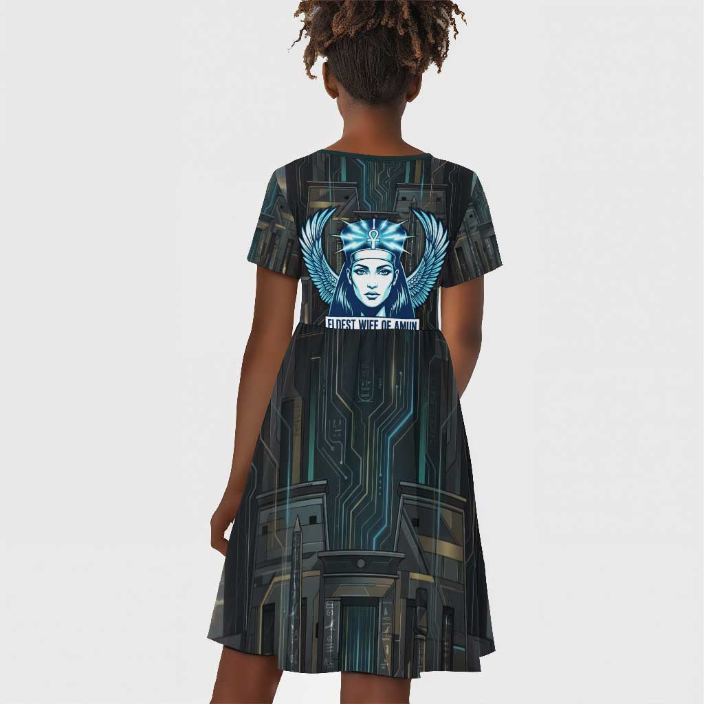Wosret Winged Crown Kid Short Sleeve Dress Egyptian Cyber Circuit Design in Futuristic Blue Theme