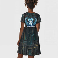 Wosret Winged Crown Kid Short Sleeve Dress Egyptian Cyber Circuit Design in Futuristic Blue Theme