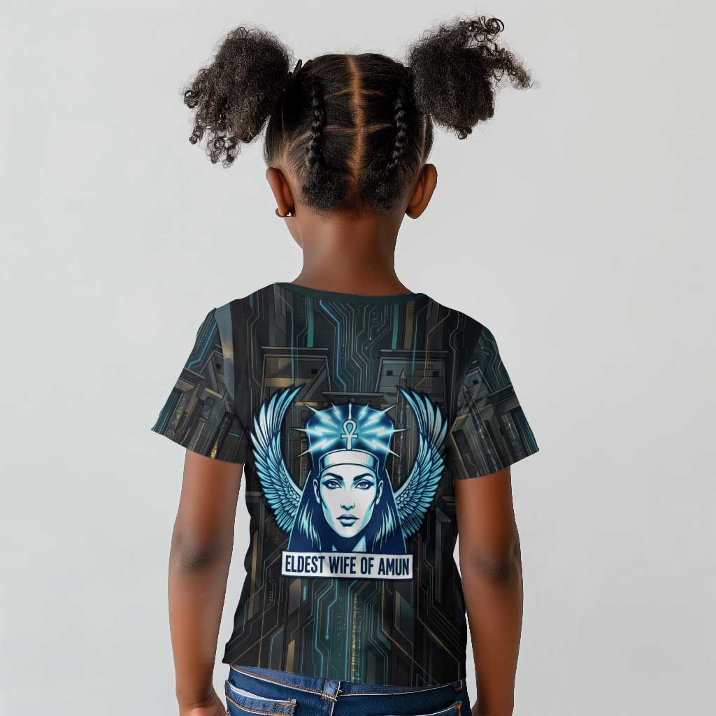 Wosret Winged Crown Kid T shirt Egyptian Cyber Circuit Design in Futuristic Blue Theme