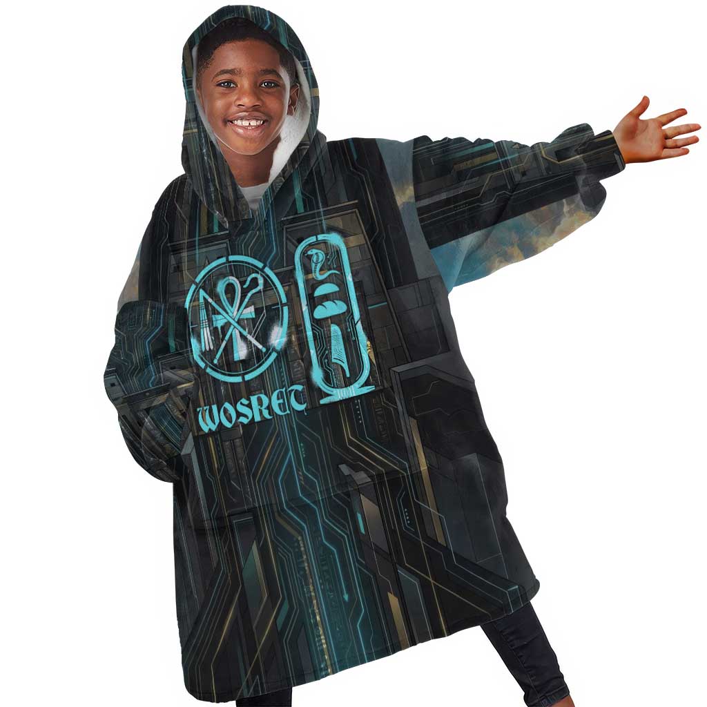 Wosret Winged Crown Kid Wearable Blanket Hoodie Egyptian Cyber Circuit Design in Futuristic Blue Theme