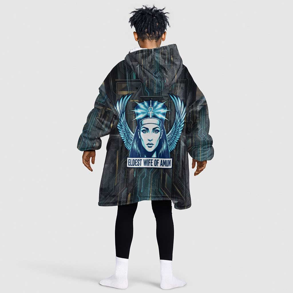 Wosret Winged Crown Kid Wearable Blanket Hoodie Egyptian Cyber Circuit Design in Futuristic Blue Theme