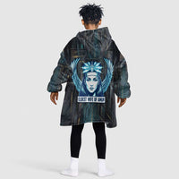 Wosret Winged Crown Kid Wearable Blanket Hoodie Egyptian Cyber Circuit Design in Futuristic Blue Theme