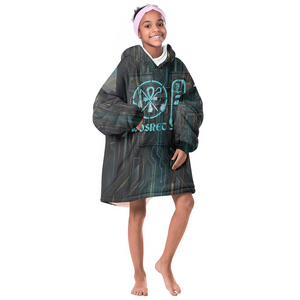 Wosret Winged Crown Kid Wearable Blanket Hoodie Egyptian Cyber Circuit Design in Futuristic Blue Theme
