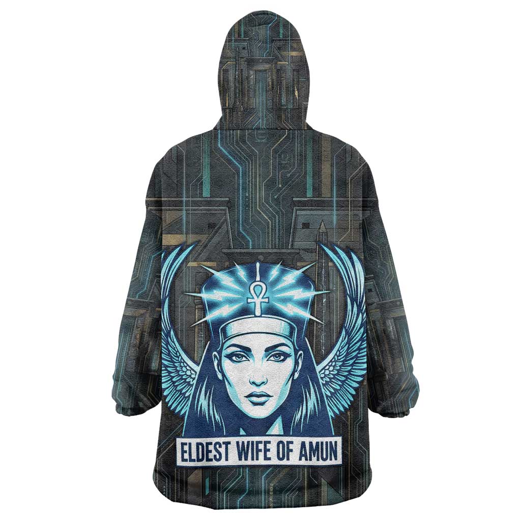 Wosret Winged Crown Kid Wearable Blanket Hoodie Egyptian Cyber Circuit Design in Futuristic Blue Theme
