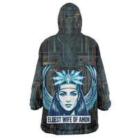 Wosret Winged Crown Kid Wearable Blanket Hoodie Egyptian Cyber Circuit Design in Futuristic Blue Theme
