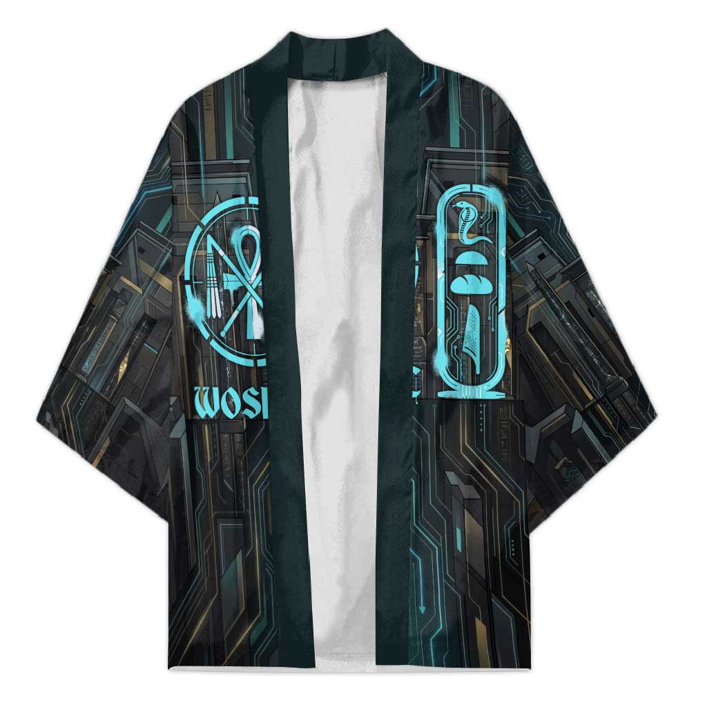 Wosret Winged Crown Kimono Egyptian Cyber Circuit Design in Futuristic Blue Theme