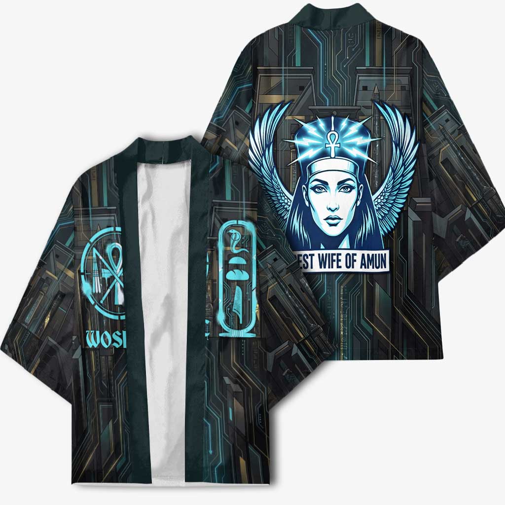 Wosret Winged Crown Kimono Egyptian Cyber Circuit Design in Futuristic Blue Theme