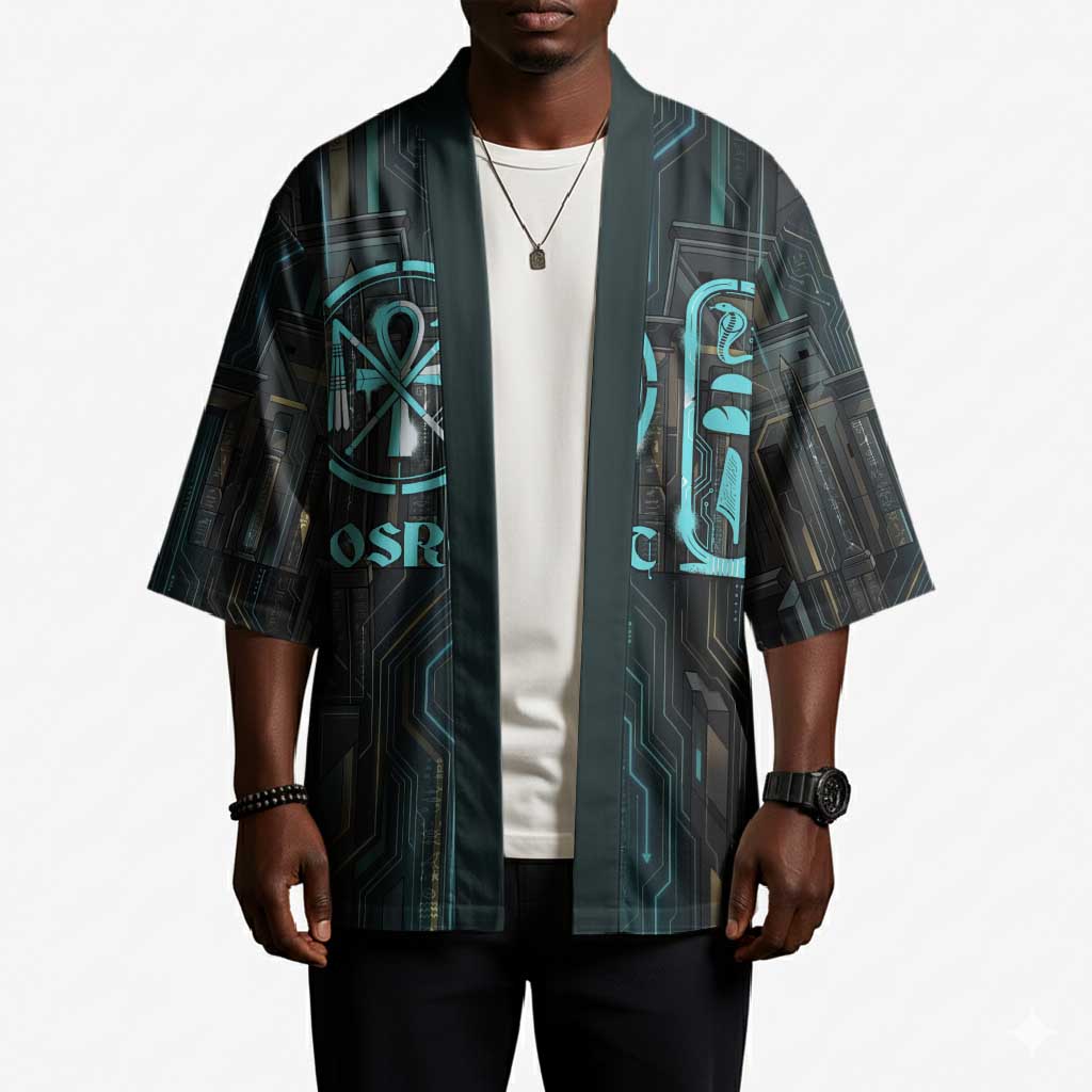 Wosret Winged Crown Kimono Egyptian Cyber Circuit Design in Futuristic Blue Theme
