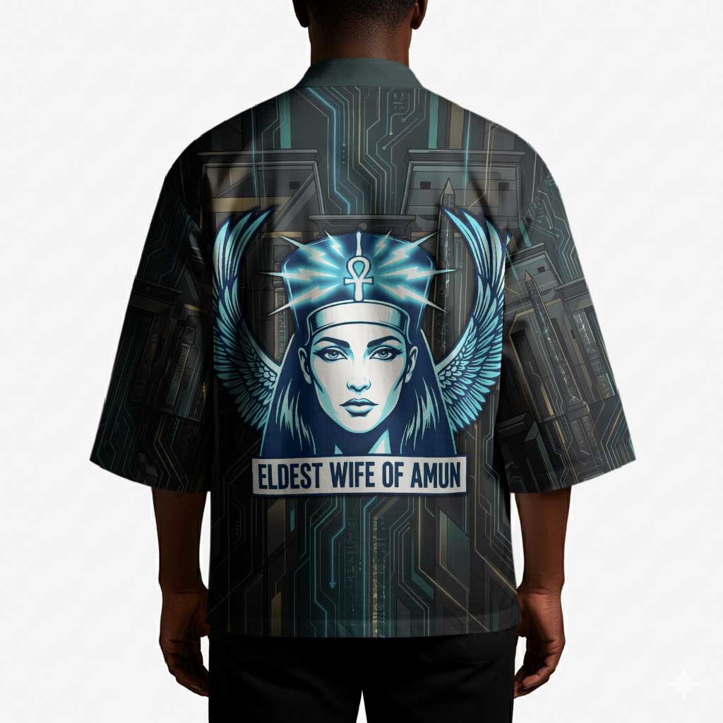Wosret Winged Crown Kimono Egyptian Cyber Circuit Design in Futuristic Blue Theme
