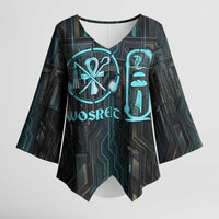 Wosret Winged Crown Kimono Sleeve Blouse Egyptian Cyber Circuit Design in Futuristic Blue Theme