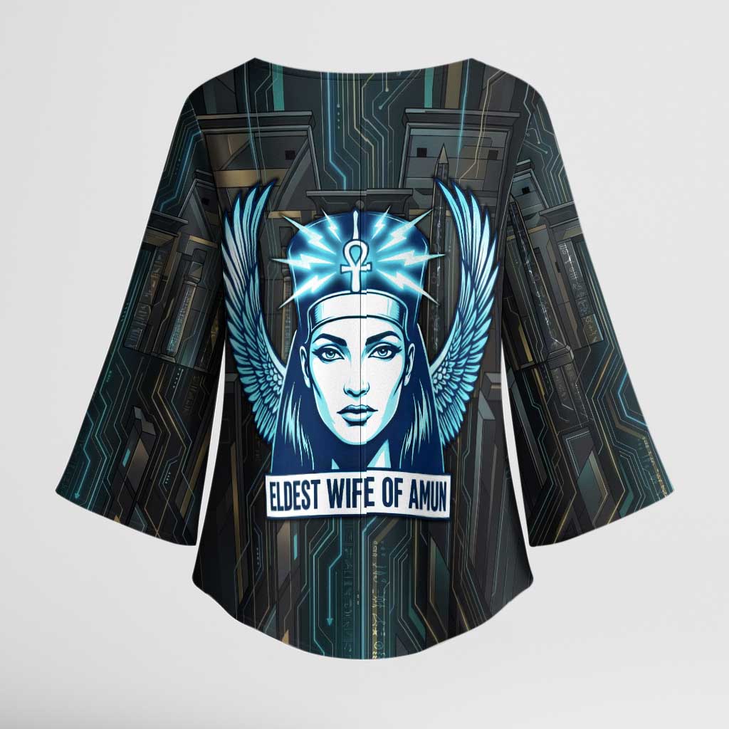 Wosret Winged Crown Kimono Sleeve Blouse Egyptian Cyber Circuit Design in Futuristic Blue Theme