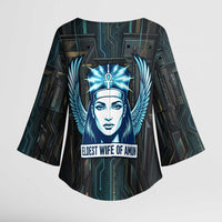 Wosret Winged Crown Kimono Sleeve Blouse Egyptian Cyber Circuit Design in Futuristic Blue Theme