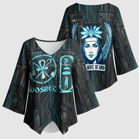 Wosret Winged Crown Kimono Sleeve Blouse Egyptian Cyber Circuit Design in Futuristic Blue Theme