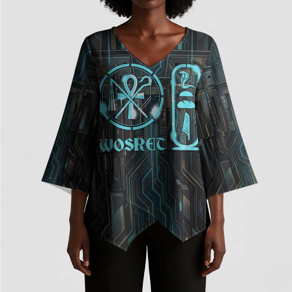 Wosret Winged Crown Kimono Sleeve Blouse Egyptian Cyber Circuit Design in Futuristic Blue Theme